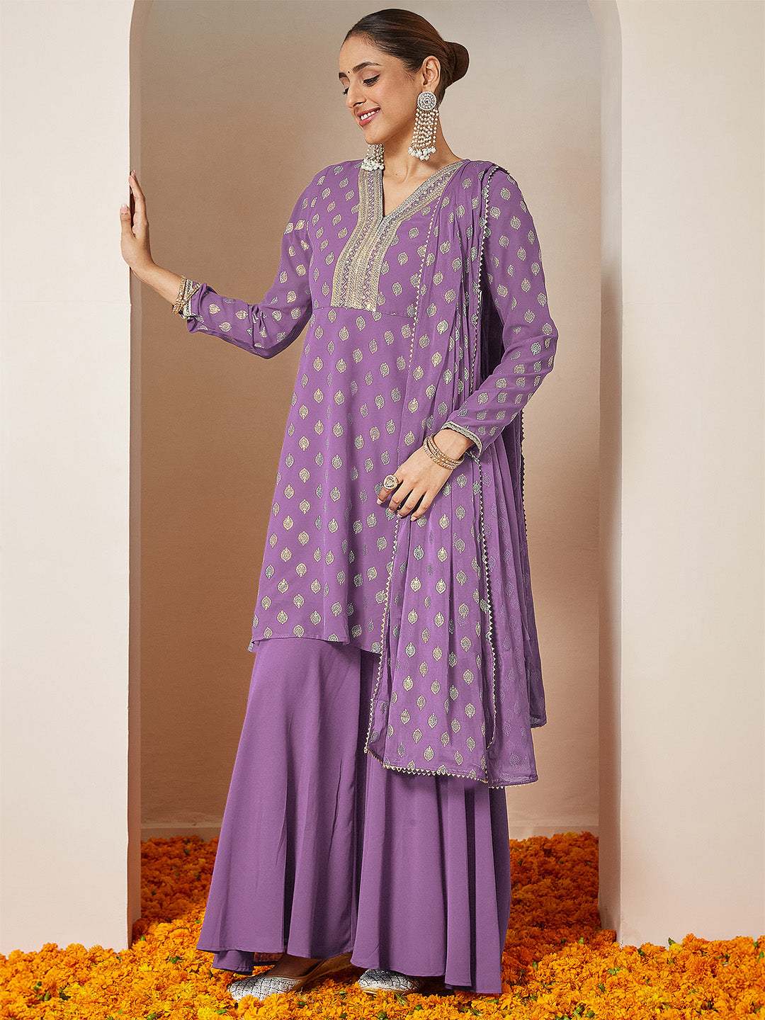Women's Purple Georgette Embellished Gold Printed A-line Kurta With Sharara & Dupatta Set