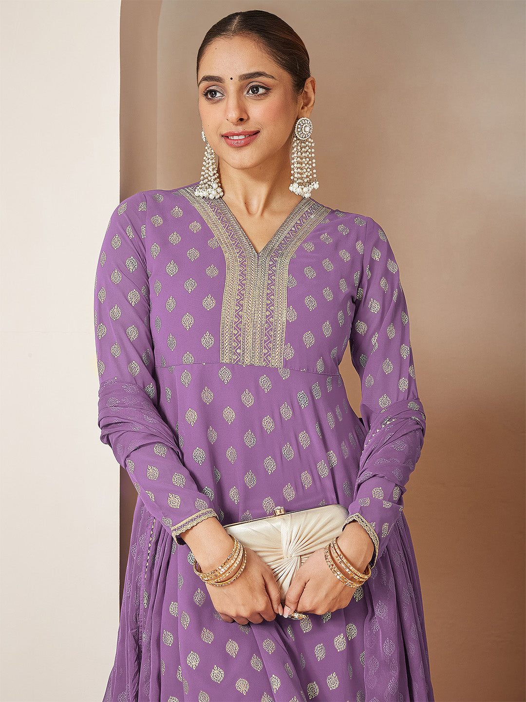 Women's Purple Georgette Embellished Gold Printed A-line Kurta With Sharara & Dupatta Set