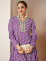 Women's Purple Georgette Embellished Gold Printed A-line Kurta With Sharara & Dupatta Set