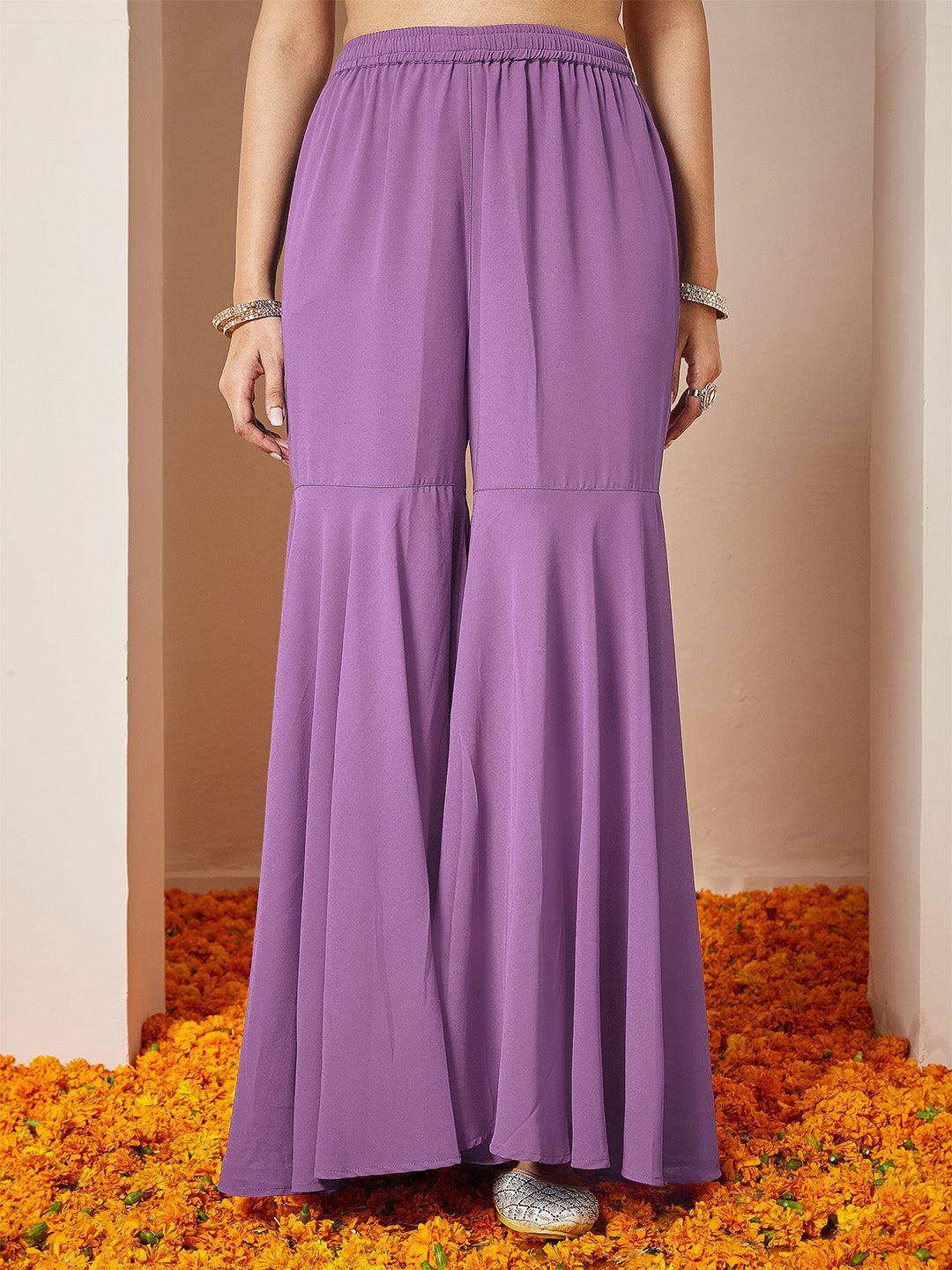 Women's Purple Georgette Embellished Gold Printed A-line Kurta With Sharara & Dupatta Set