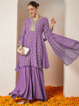 Women's Purple Georgette Embellished Gold Printed A-line Kurta With Sharara & Dupatta Set