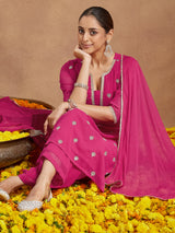 Women's Pink Georgette Embellished Straight Kurta With Palazzo Dupatta Set
