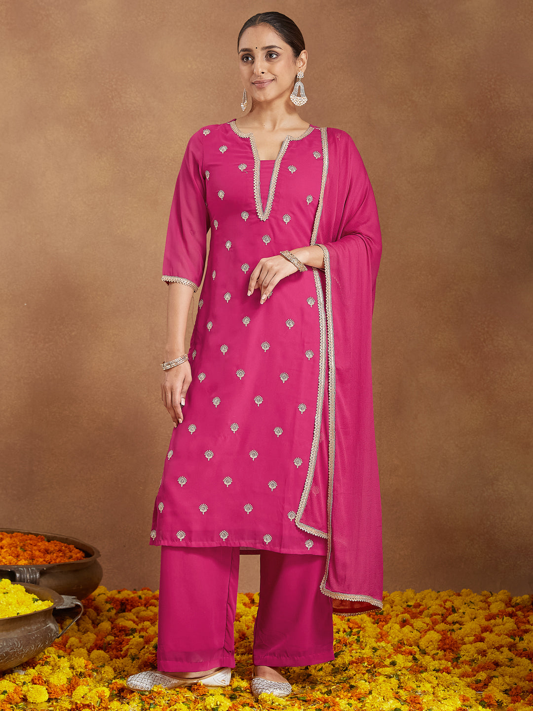 Women's Pink Georgette Embellished Straight Kurta With Palazzo Dupatta Set