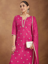 Women's Pink Georgette Embellished Straight Kurta With Palazzo Dupatta Set