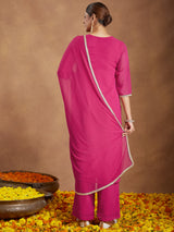 Women's Pink Georgette Embellished Straight Kurta With Palazzo Dupatta Set
