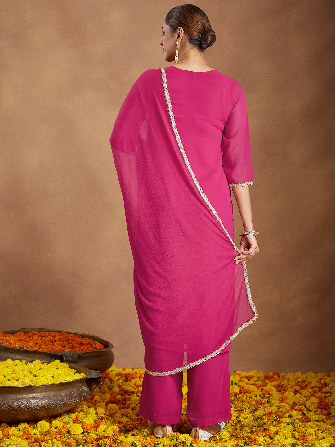 Women's Pink Georgette Embellished Straight Kurta With Palazzo Dupatta Set