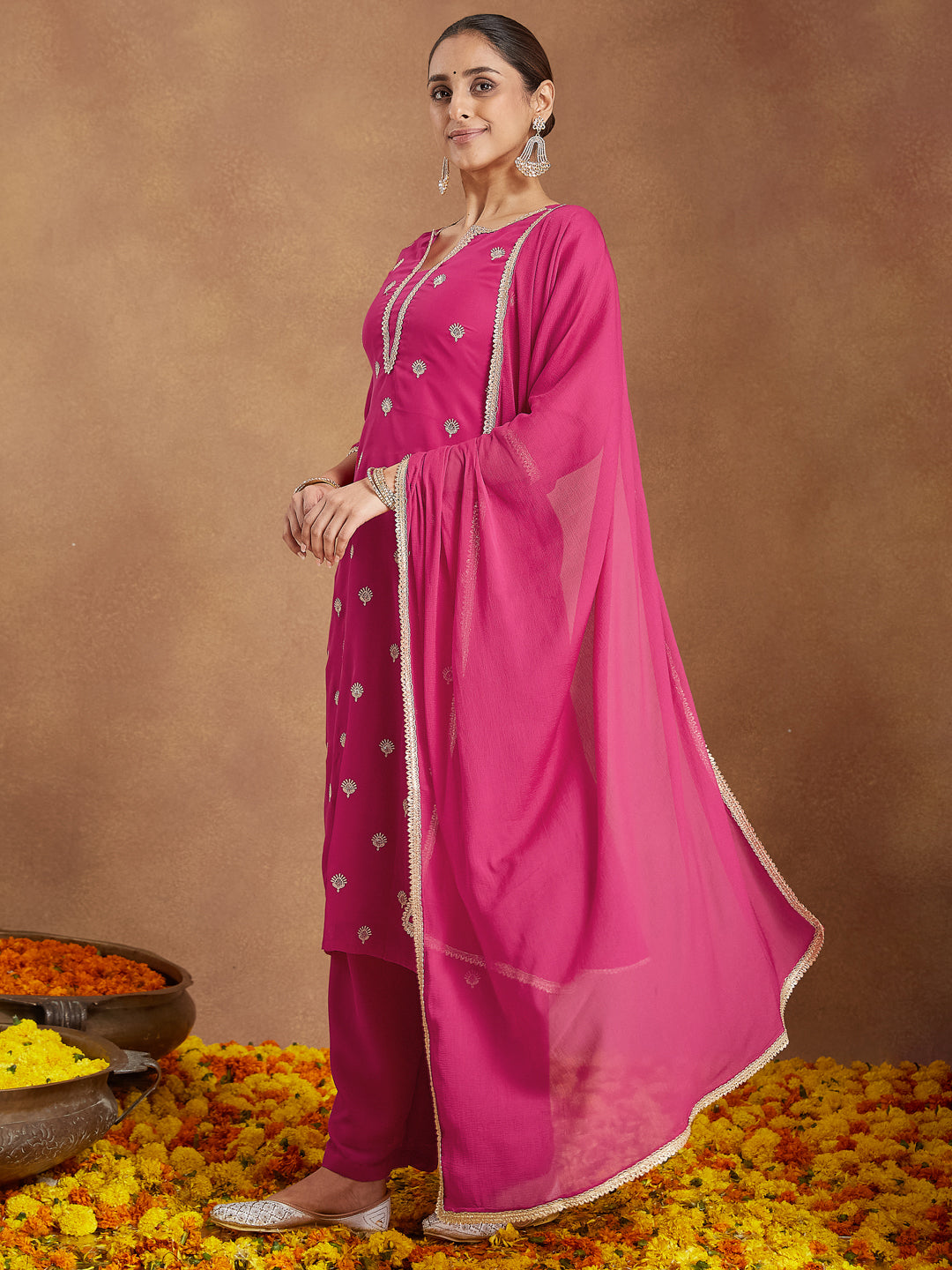 Women's Pink Georgette Embellished Straight Kurta With Palazzo Dupatta Set