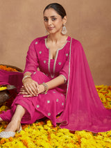 Women's Pink Georgette Embellished Straight Kurta With Palazzo Dupatta Set