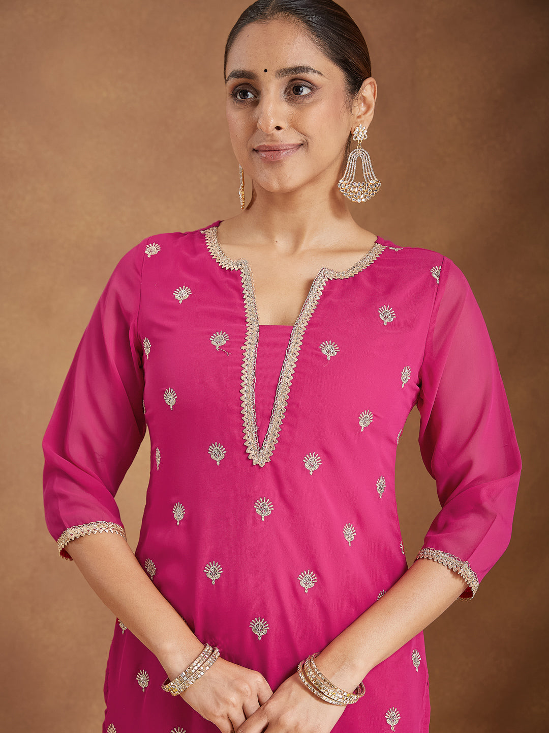 Women's Pink Georgette Embellished Straight Kurta With Palazzo Dupatta Set