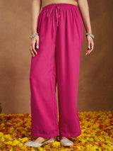 Women's Pink Georgette Embellished Straight Kurta With Palazzo Dupatta Set