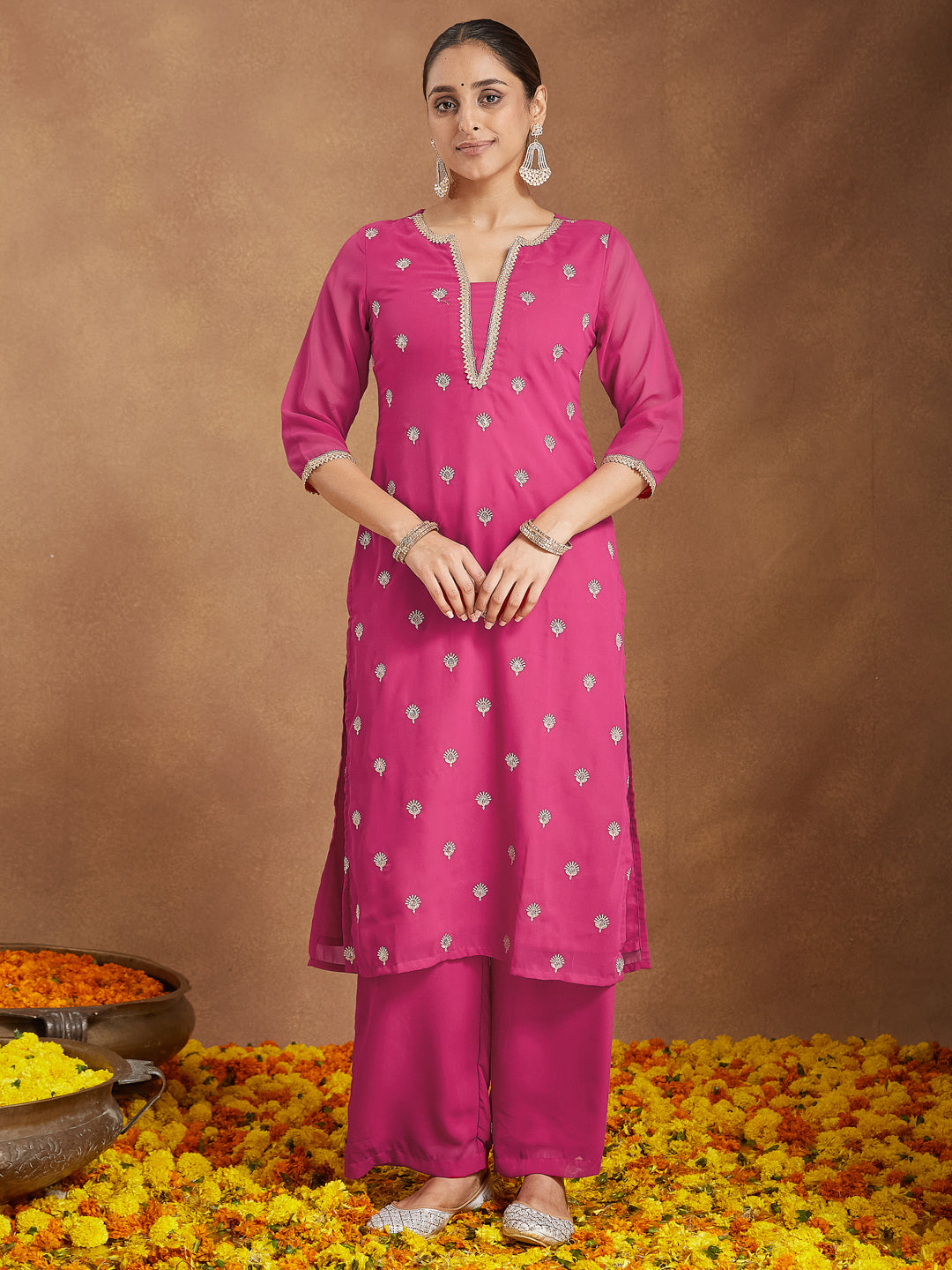 Women's Pink Georgette Embellished Straight Kurta With Palazzo Dupatta Set