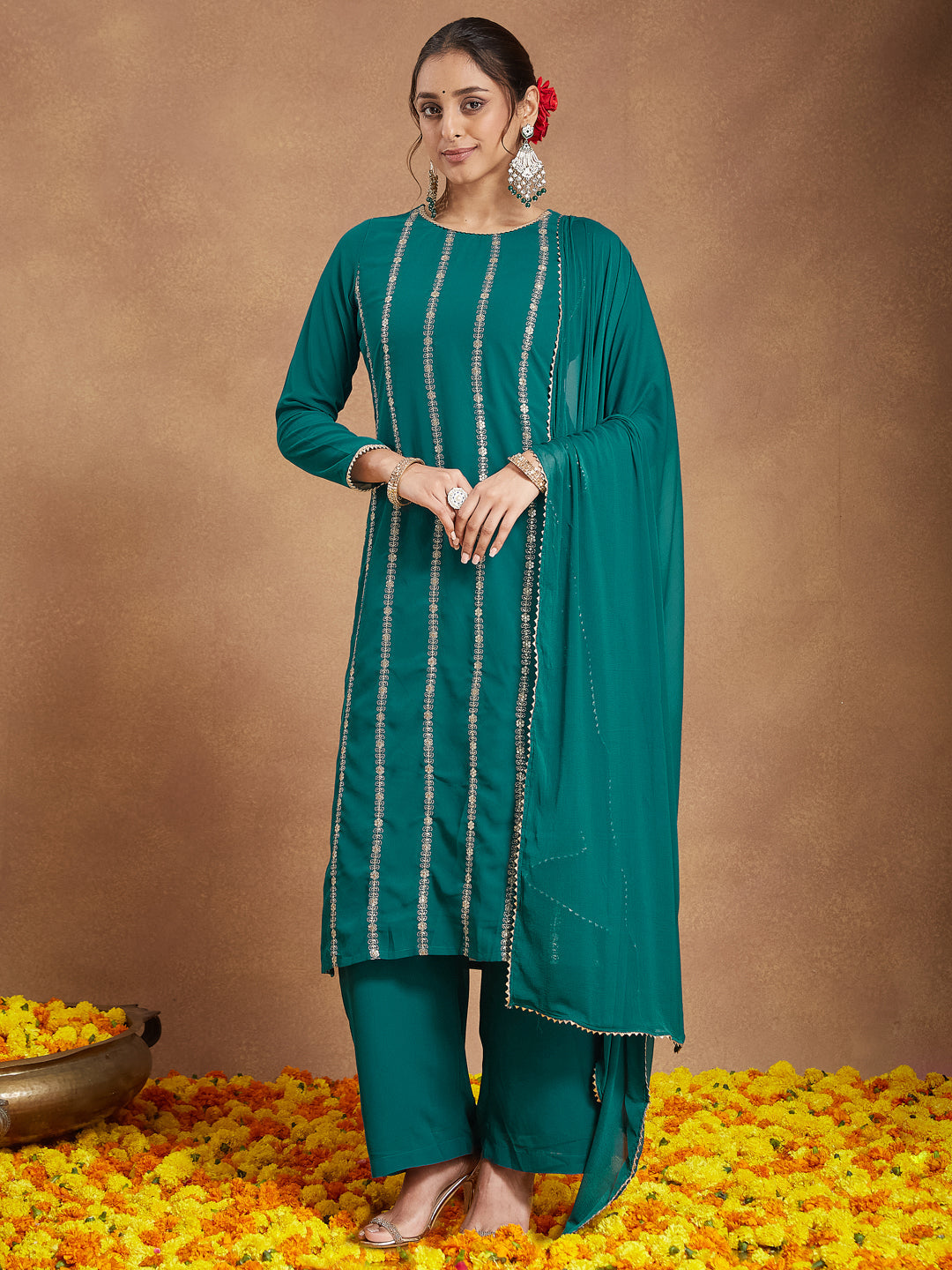 Women's Sea Green Georgette Embellished Straight Kurta With Palazzo & Dupatta Set