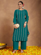 Women's Sea Green Georgette Embellished Straight Kurta With Palazzo & Dupatta Set