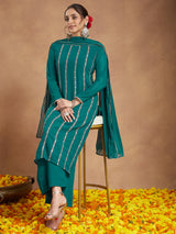 Women's Sea Green Georgette Embellished Straight Kurta With Palazzo & Dupatta Set