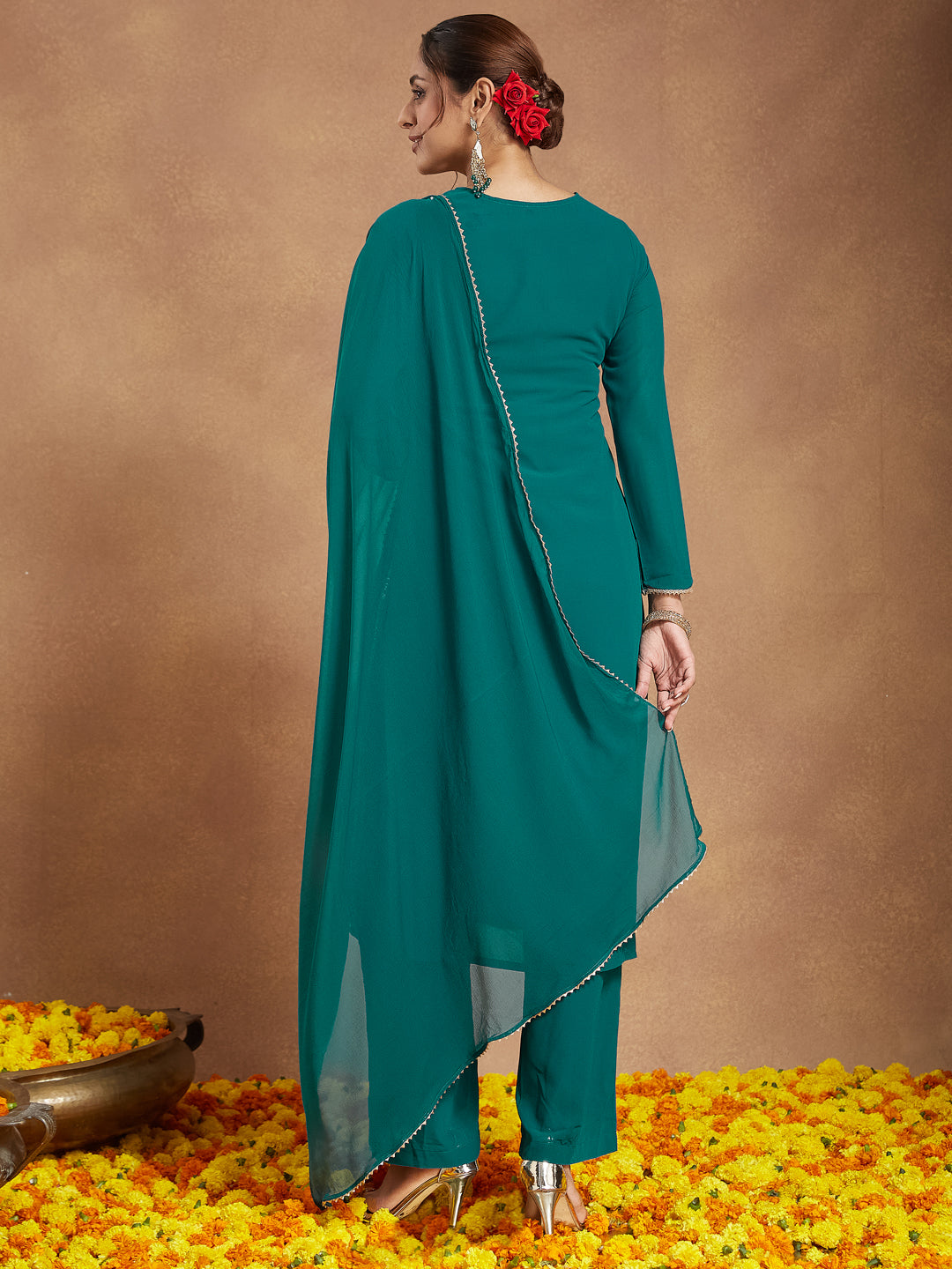 Women's Sea Green Georgette Embellished Straight Kurta With Palazzo & Dupatta Set
