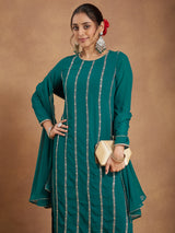 Women's Sea Green Georgette Embellished Straight Kurta With Palazzo & Dupatta Set