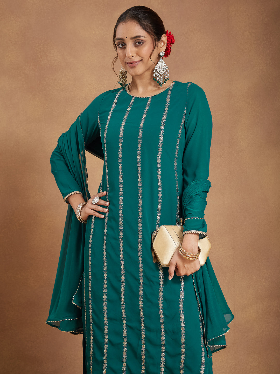 Women's Sea Green Georgette Embellished Straight Kurta With Palazzo & Dupatta Set