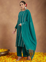 Women's Sea Green Georgette Embellished Straight Kurta With Palazzo & Dupatta Set