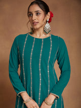 Women's Sea Green Georgette Embellished Straight Kurta With Palazzo & Dupatta Set