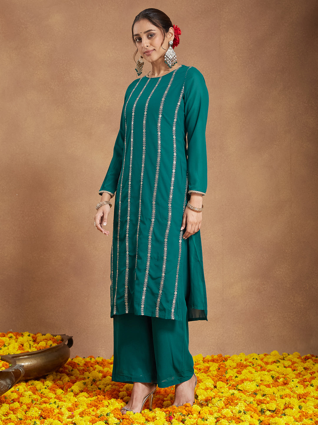 Women's Sea Green Georgette Embellished Straight Kurta With Palazzo & Dupatta Set