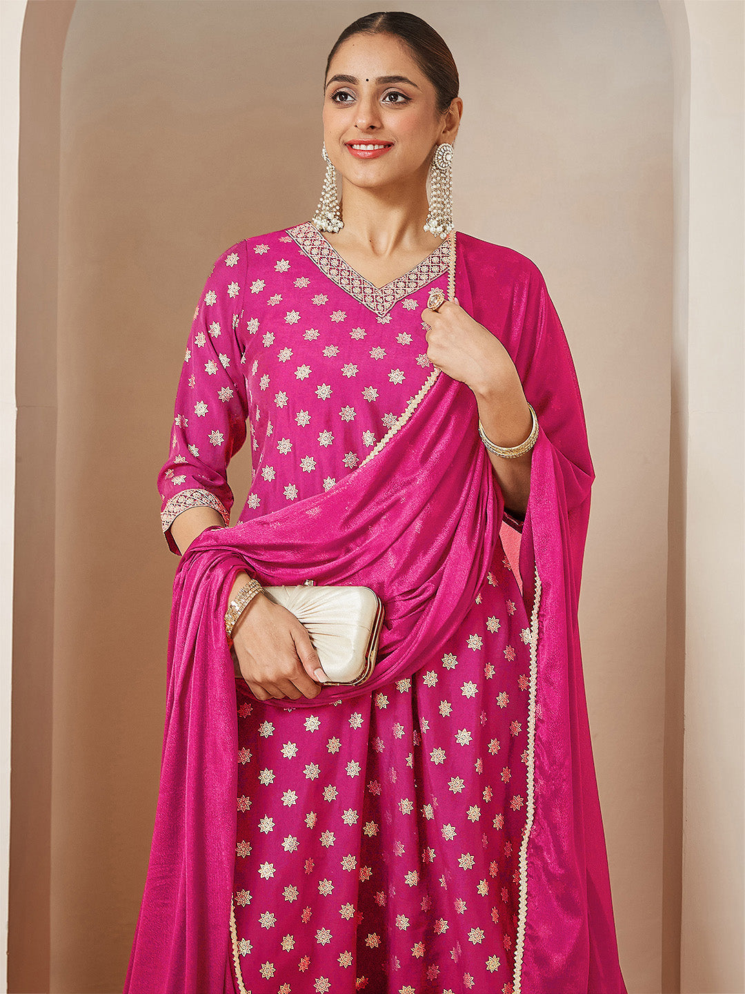 Women's Pink Chanderi Silk Foil Printed Embroidered A-line Kurta Set