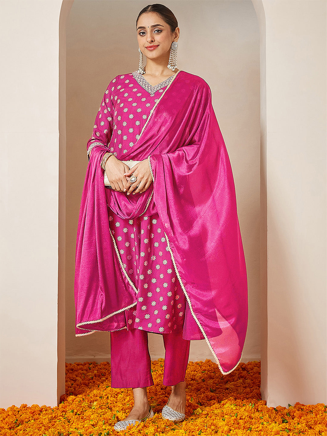 Women's Pink Chanderi Silk Foil Printed Embroidered A-line Kurta Set