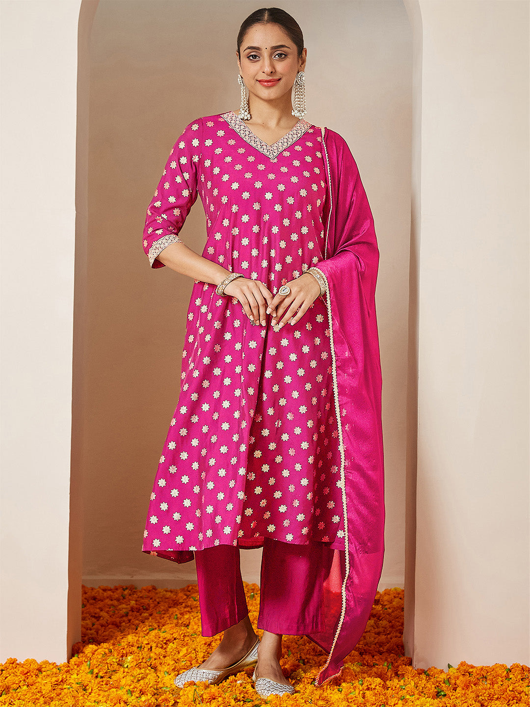 Women's Pink Chanderi Silk Foil Printed Embroidered A-line Kurta Set