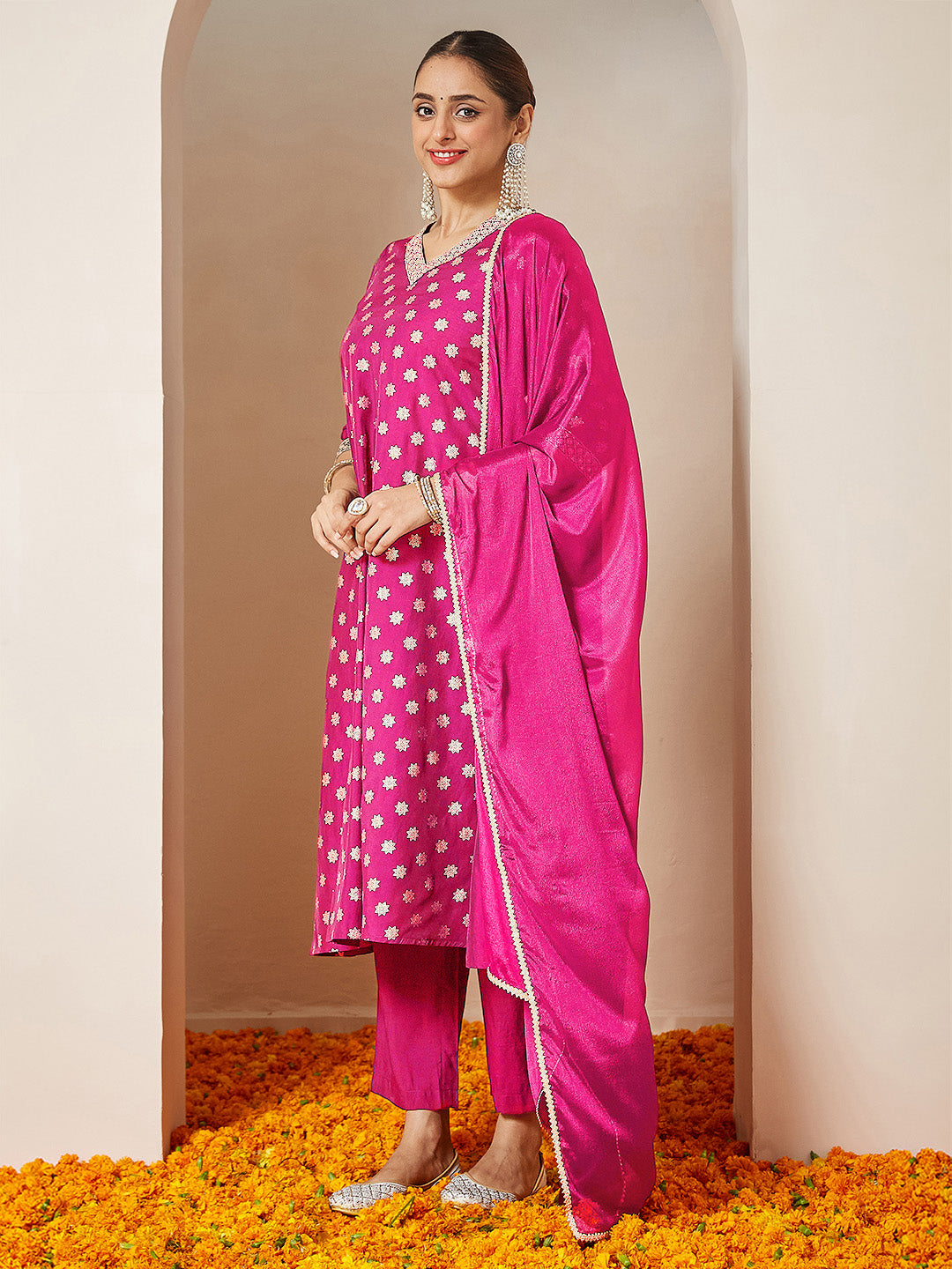 Women's Pink Chanderi Silk Foil Printed Embroidered A-line Kurta Set