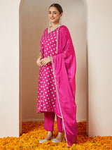 Women's Pink Chanderi Silk Foil Printed Embroidered A-line Kurta Set
