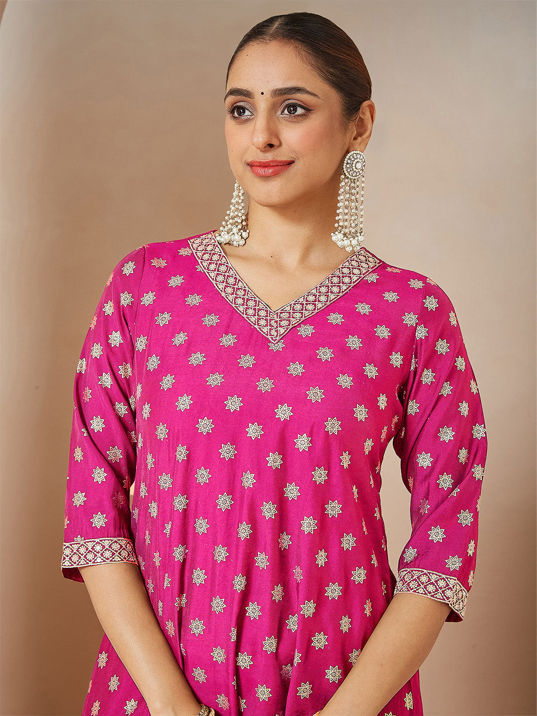 Women's Pink Chanderi Silk Foil Printed Embroidered A-line Kurta Set