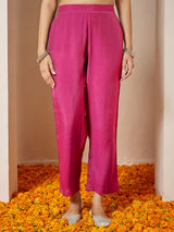 Women's Pink Chanderi Silk Foil Printed Embroidered A-line Kurta Set