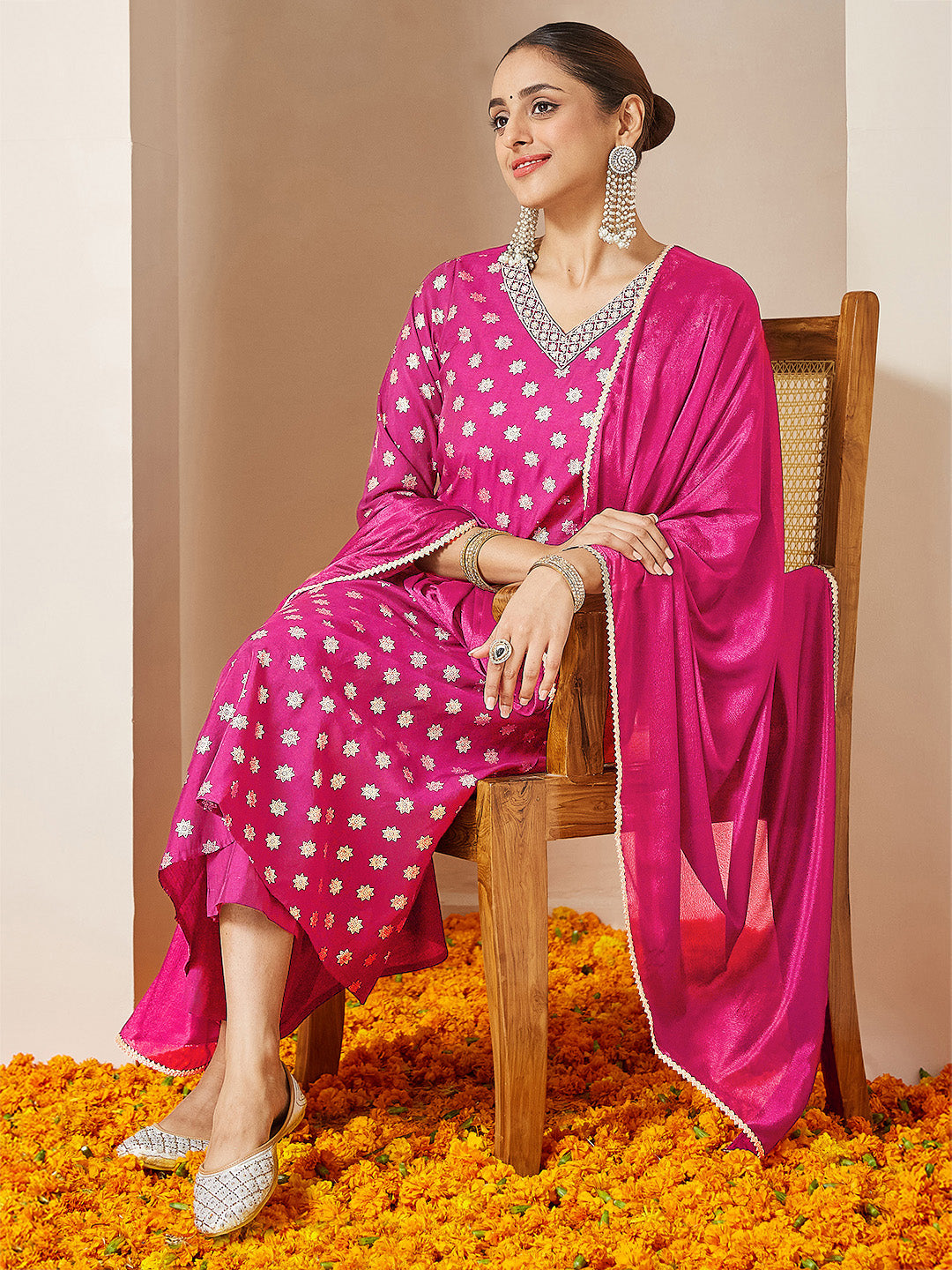 Women's Pink Chanderi Silk Foil Printed Embroidered A-line Kurta Set