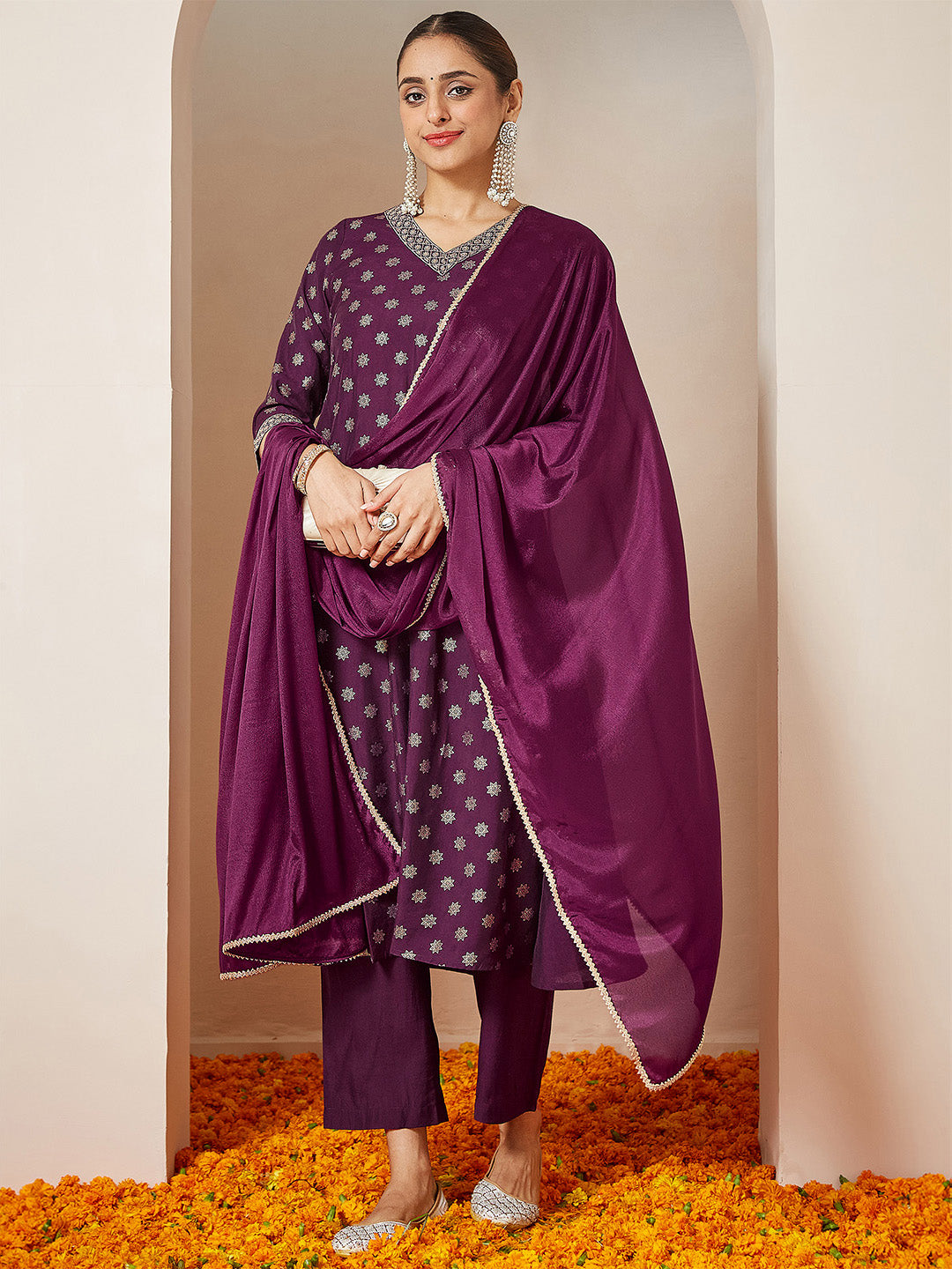 Women's Wine Chanderi Silk Foil Printed Embroidered A-line Kurta Set