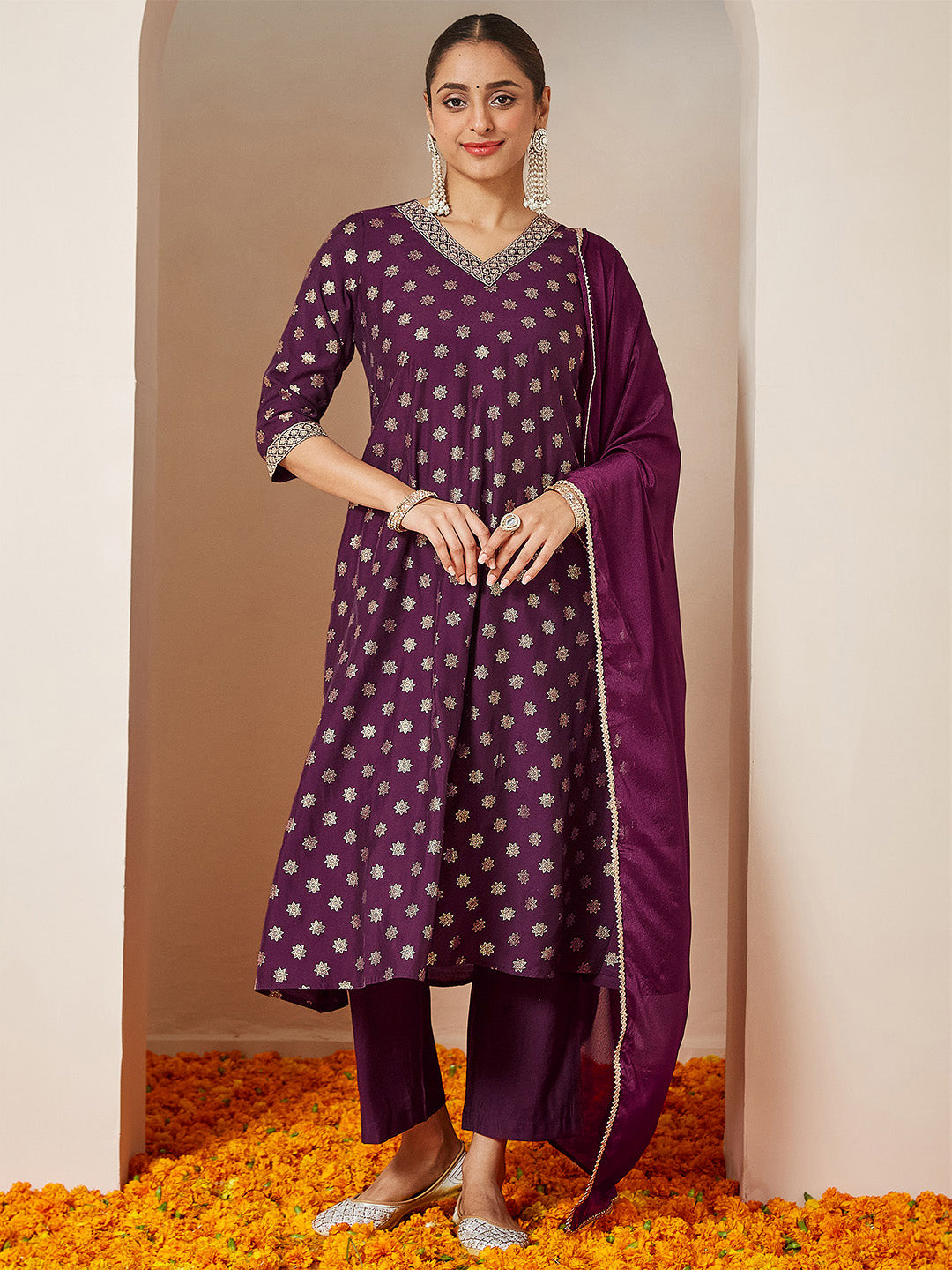 Women's Wine Chanderi Silk Foil Printed Embroidered A-line Kurta Set