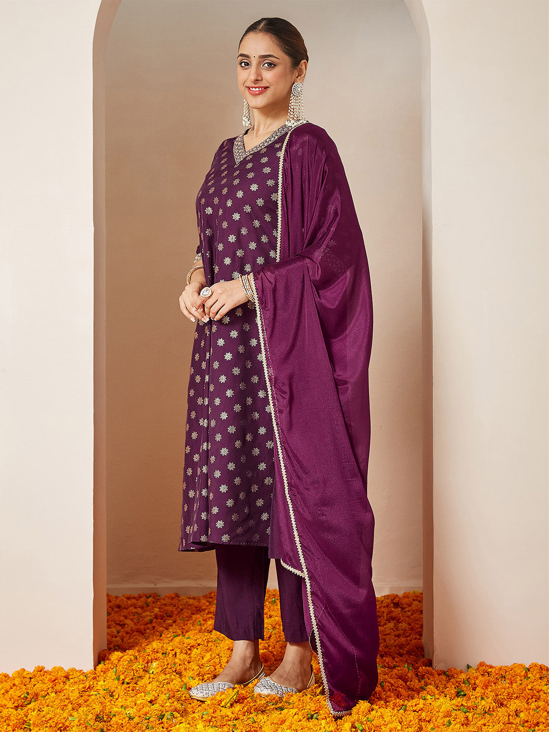Women's Wine Chanderi Silk Foil Printed Embroidered A-line Kurta Set