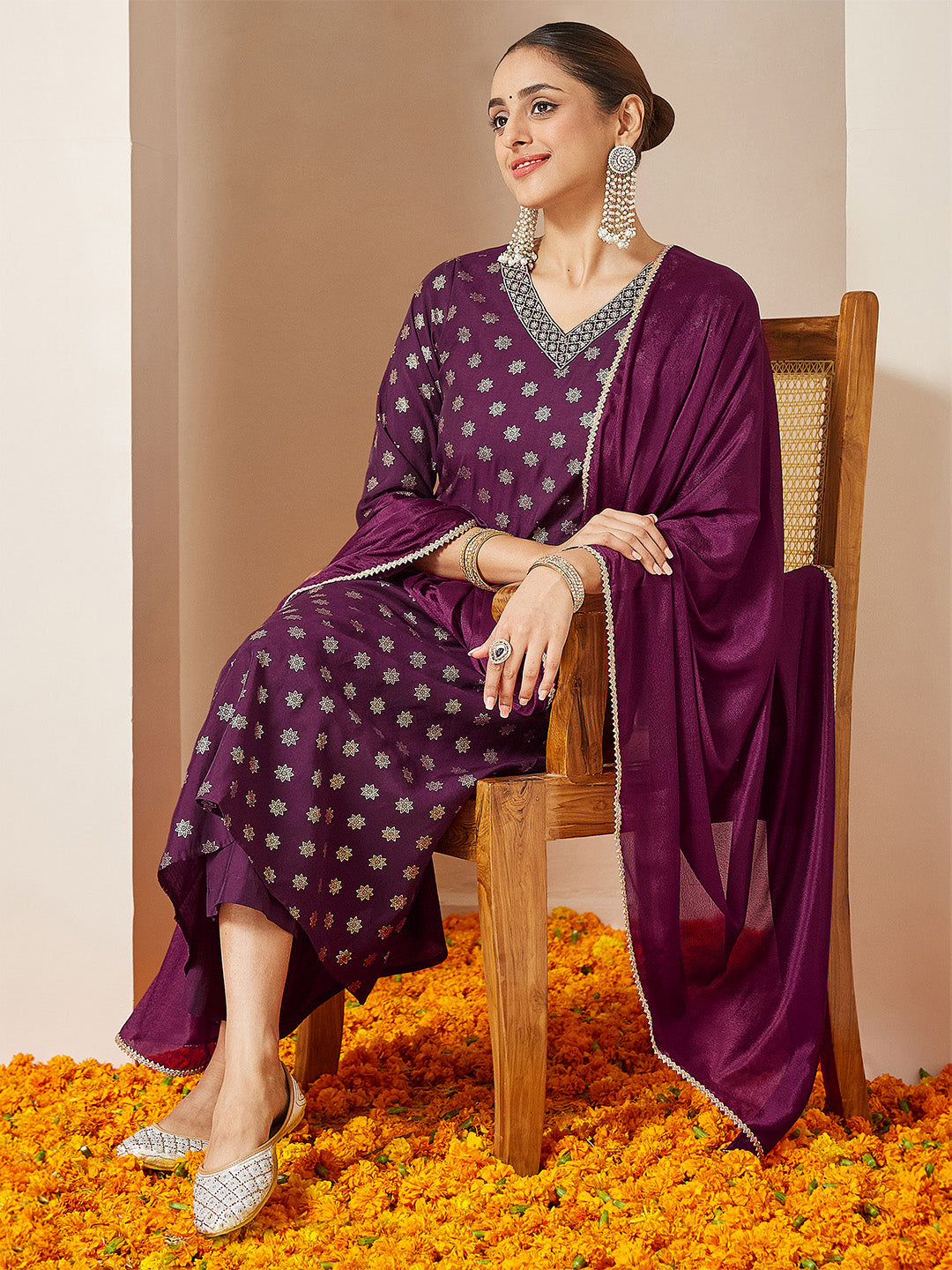 Women's Wine Chanderi Silk Foil Printed Embroidered A-line Kurta Set