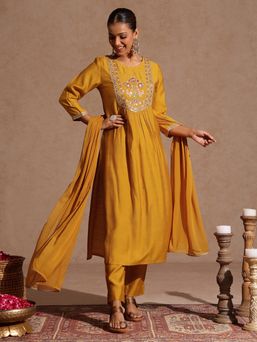 Women's Mustard Silk Blend Embroidered Straight Kurta Set