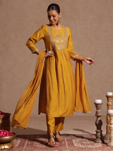 Women's Mustard Silk Blend Embroidered Straight Kurta Set