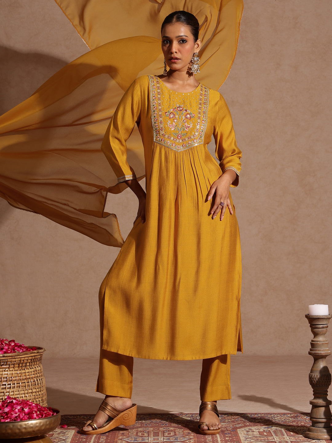 Women's Mustard Silk Blend Embroidered Straight Kurta Set