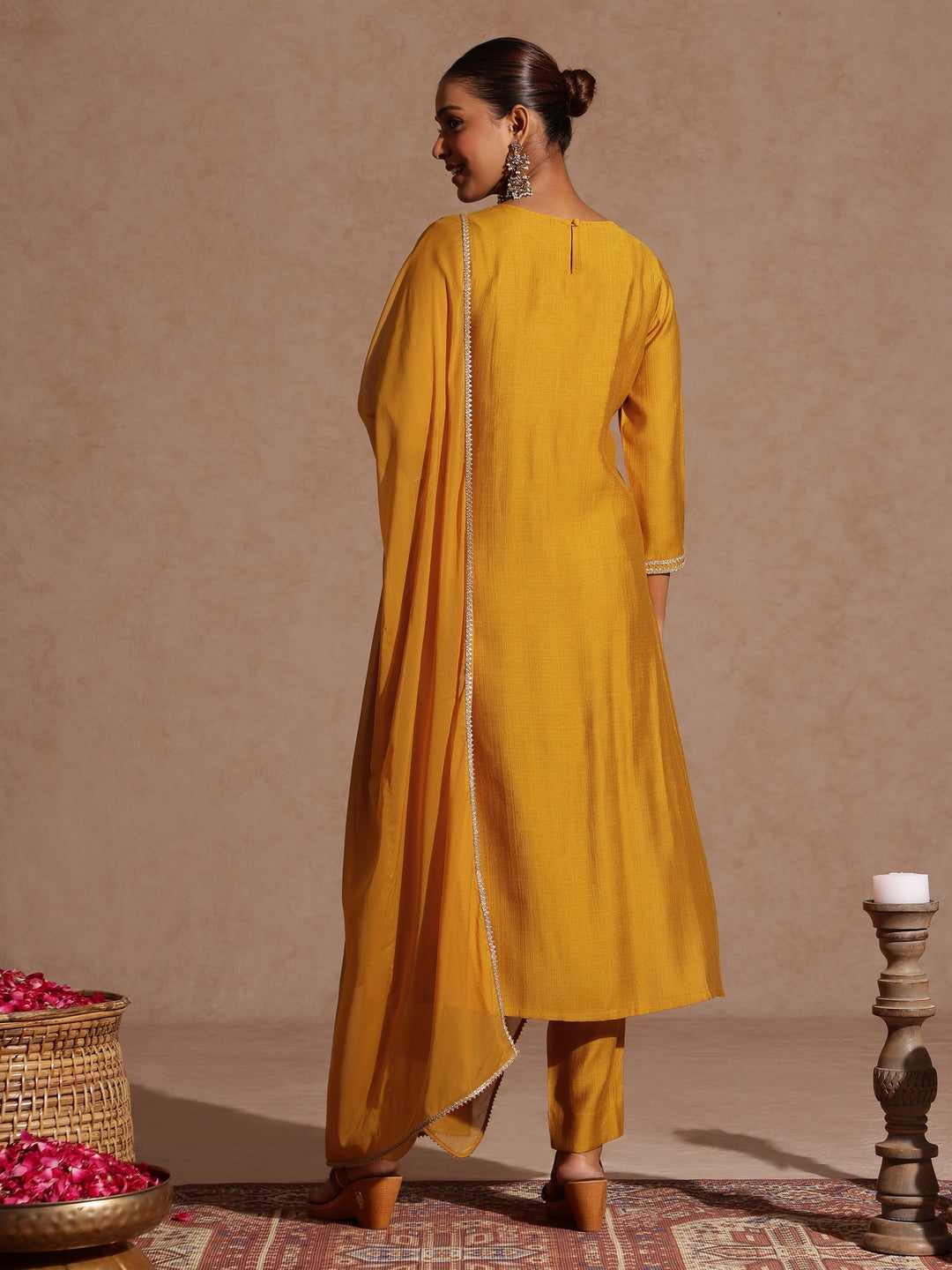 Women's Mustard Silk Blend Embroidered Straight Kurta Set