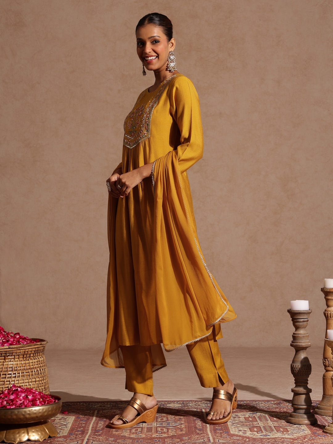 Women's Mustard Silk Blend Embroidered Straight Kurta Set