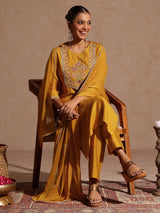 Women's Mustard Silk Blend Embroidered Straight Kurta Set