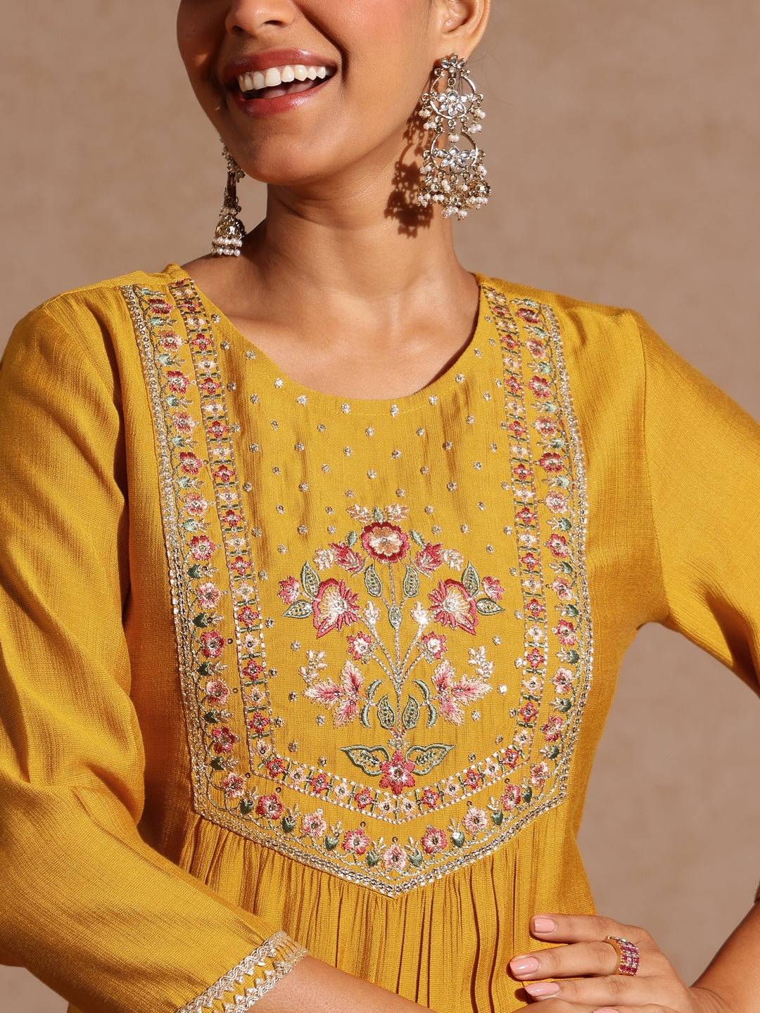 Women's Mustard Silk Blend Embroidered Straight Kurta Set