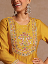 Women's Mustard Silk Blend Embroidered Straight Kurta Set
