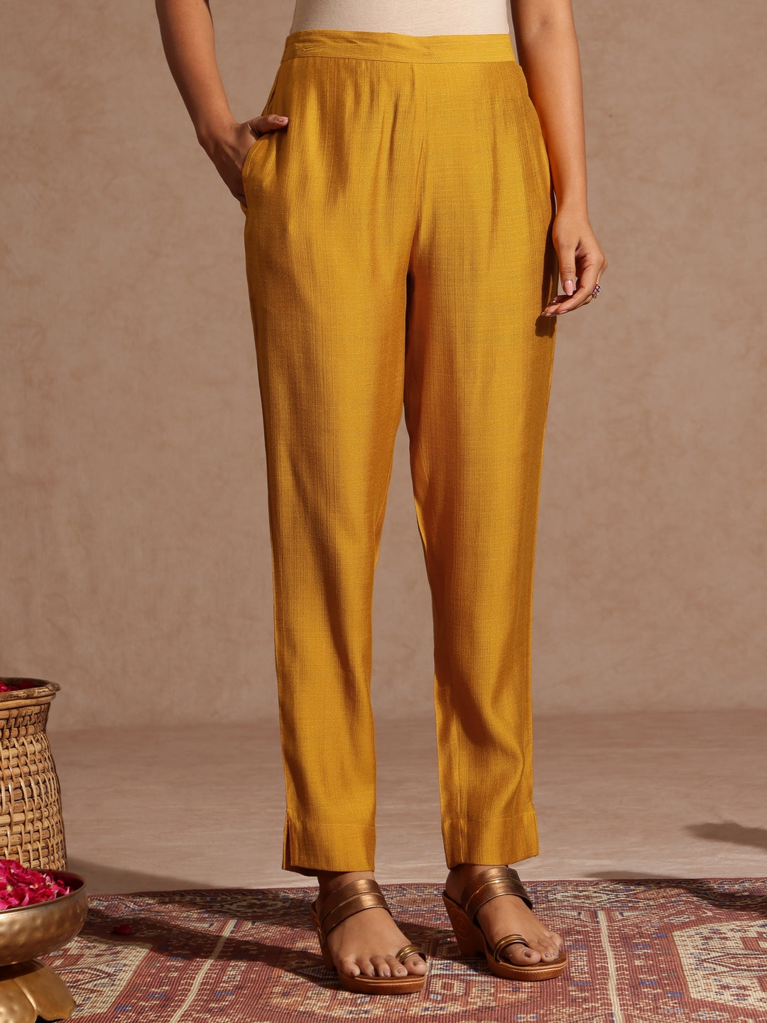 Women's Mustard Silk Blend Embroidered Straight Kurta Set