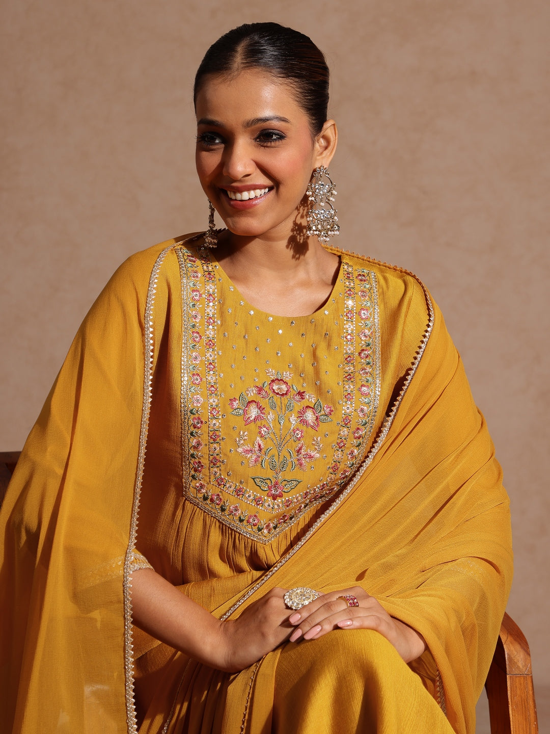 Women's Mustard Silk Blend Embroidered Straight Kurta Set