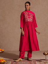 Women's Pink Silk Blend Yoke Embroidered A-line Kurta Set