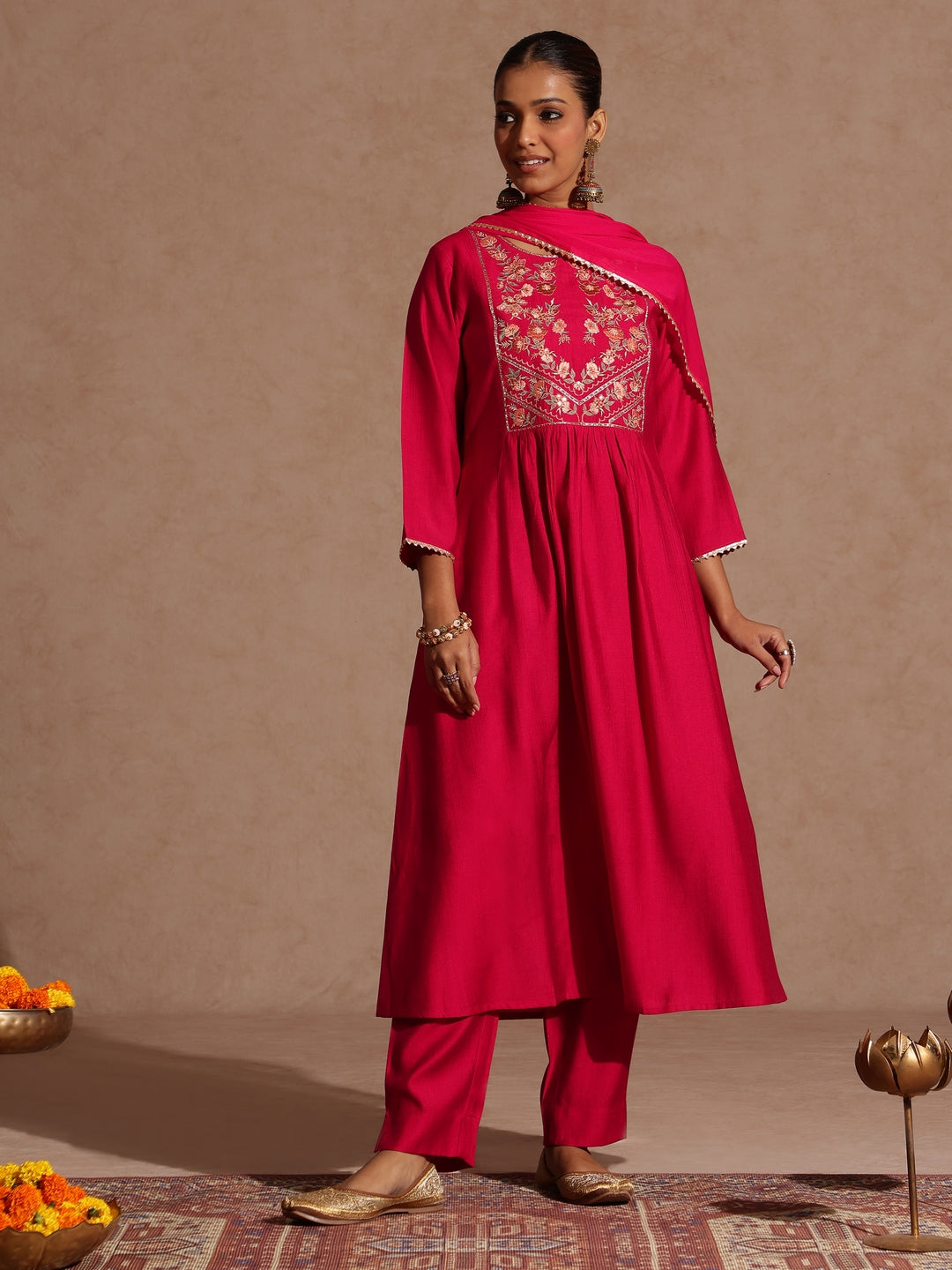 Women's Pink Silk Blend Yoke Embroidered A-line Kurta Set