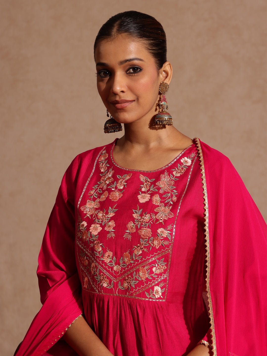 Women's Pink Silk Blend Yoke Embroidered A-line Kurta Set
