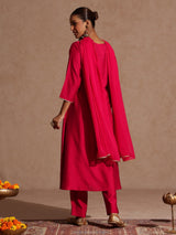 Women's Pink Silk Blend Yoke Embroidered A-line Kurta Set